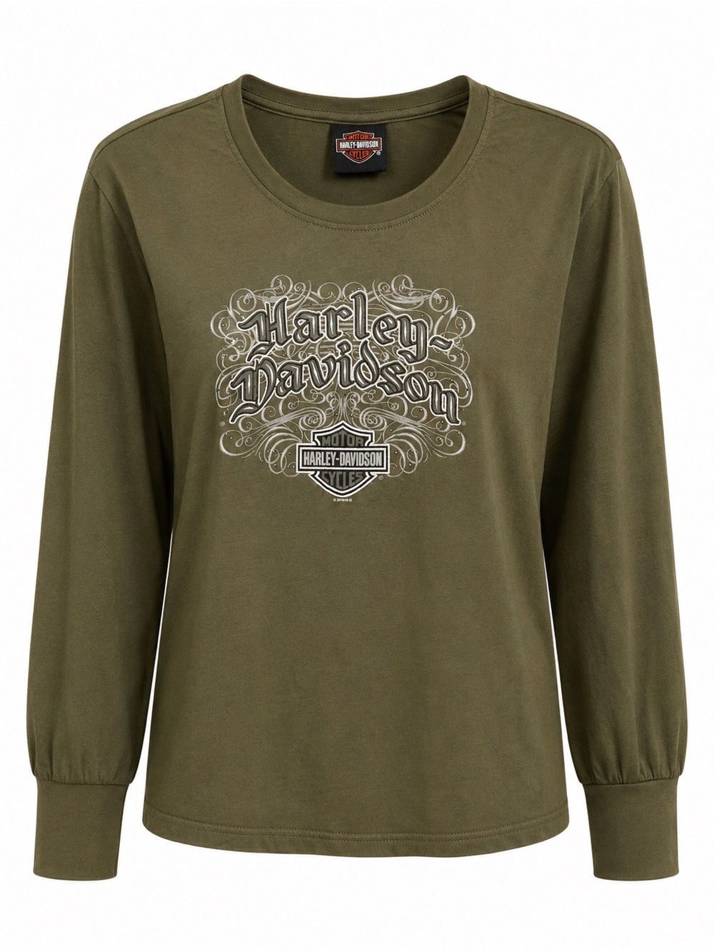Harley-Davidson Olive Green Crew Neck Tee with Logo Tag